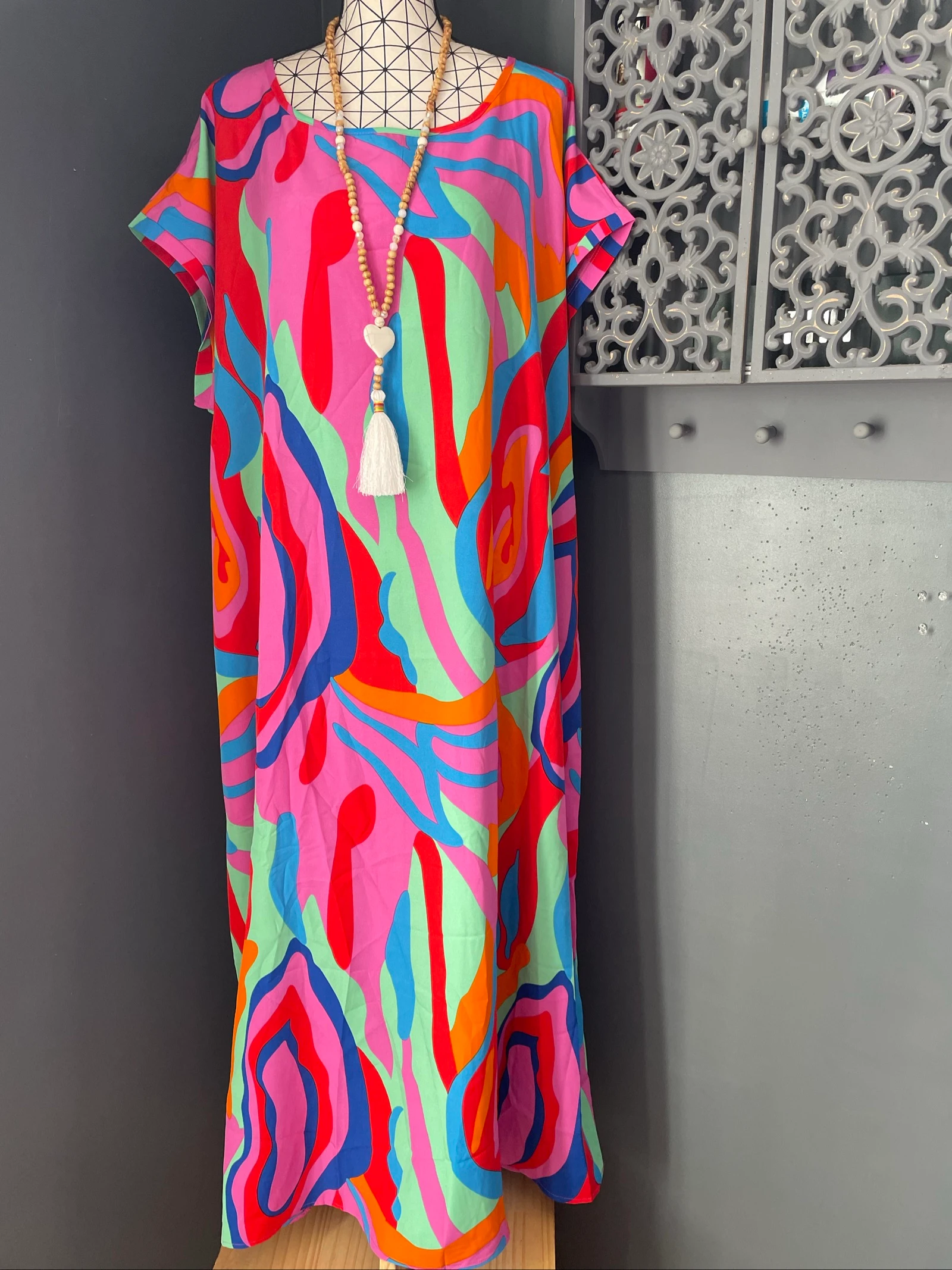 💖 abstracte veelkleurige lange jurk grote maat 58 vloeiende bohemien oversized kleurrijk 💖 – photo 5